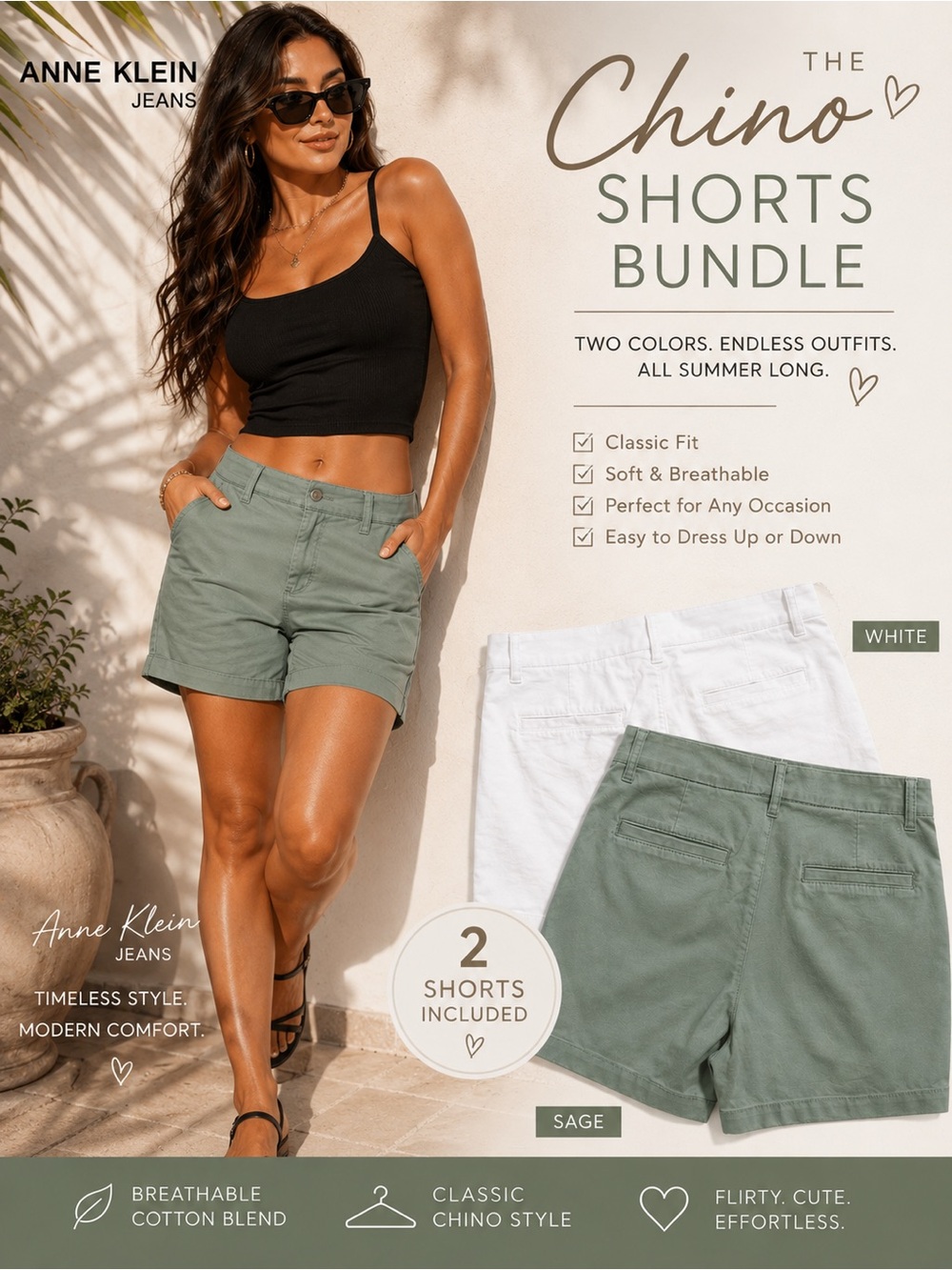Anne Klein Sage & White Chino Shorts Bundle